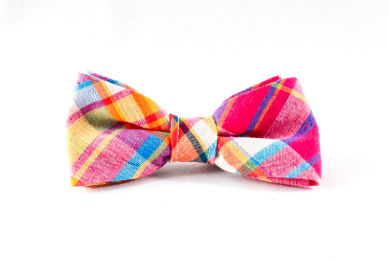 Preppy Pink And Orange Madras Bow Tie Kitty Cat Collar