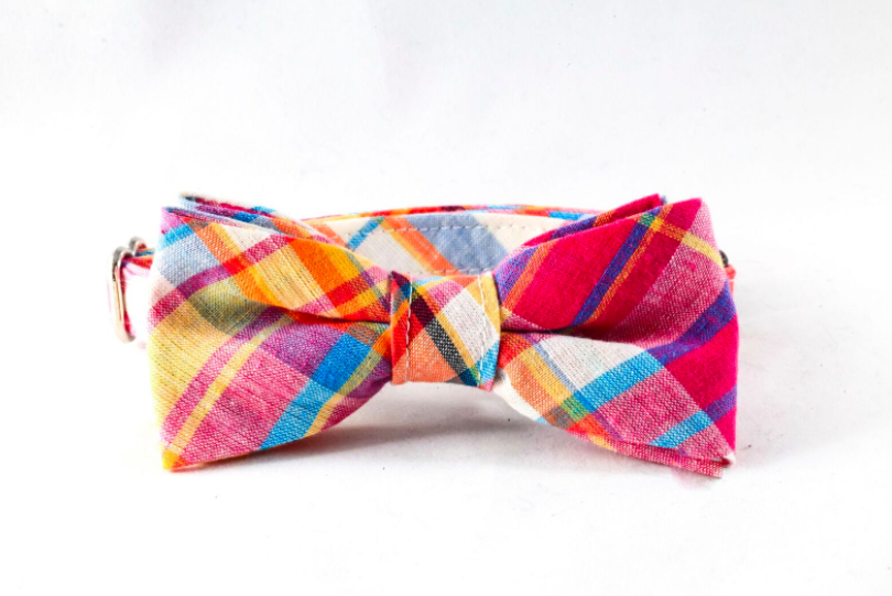 Preppy Pink And Orange Madras Bow Tie Kitty Cat Collar