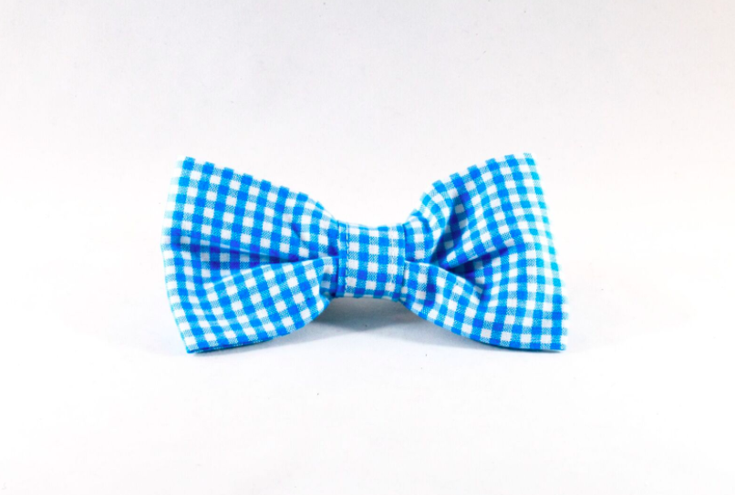 Preppy Aqua Blue Gingham Dog Bow Tie