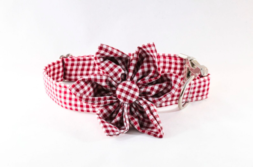 Garnet Gingham Girl Dog Flower Bow Tie Collar