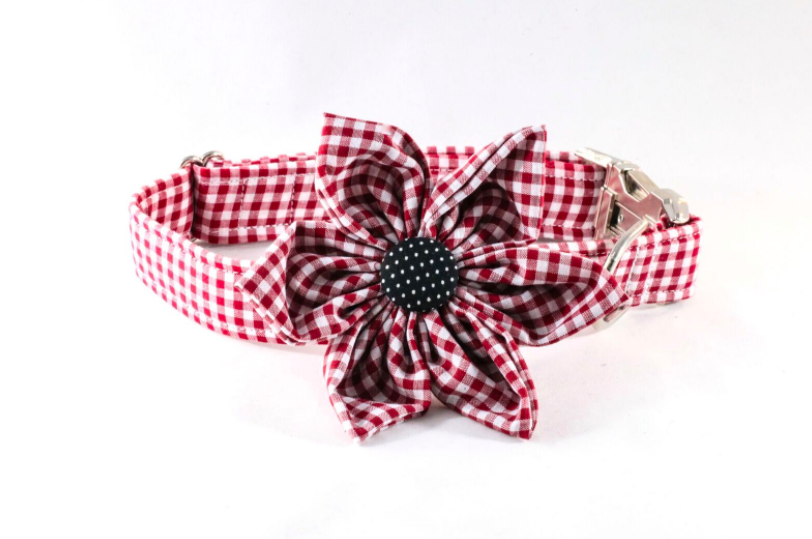 Garnet And Black Gingham Gamecocks Girl Dog Flower Bow Tie Collar