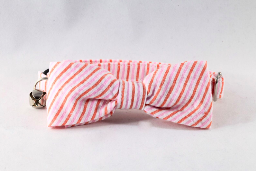 Preppy Pink And Orange Sherbet Seersucker Bow Tie Kitty Cat Collar