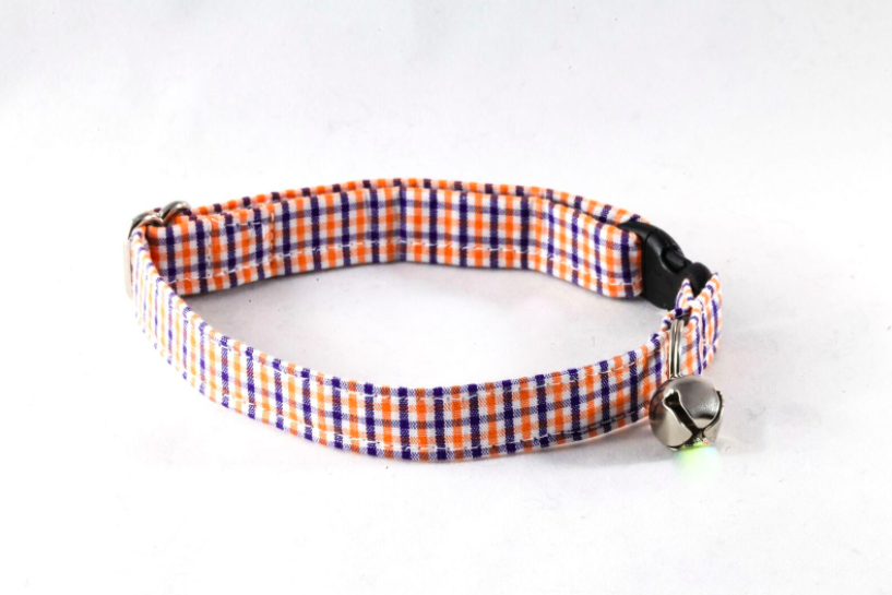 Preppy Navy And Orange Auburn University Gingham Kitty Cat Collar