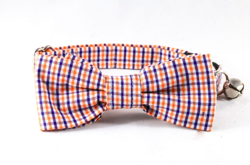 Preppy Navy And Orange Auburn University Gingham Kitty Cat Bow Tie Collar