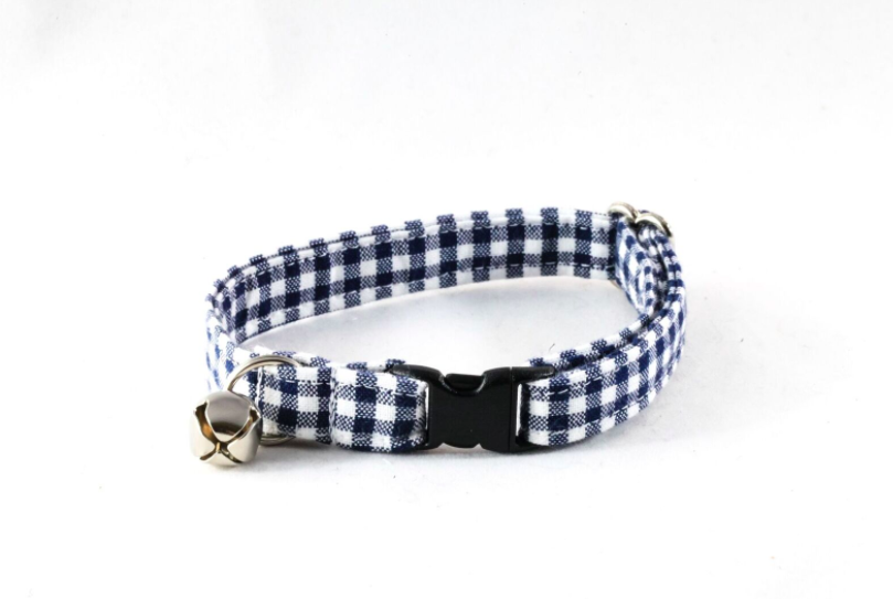 Preppy Navy Blue Seersucker Gingham Kitty Cat Collar