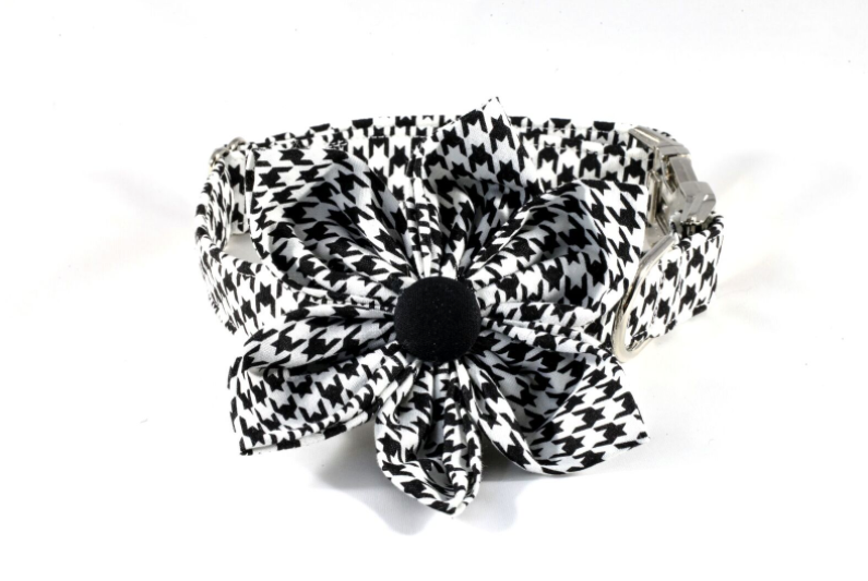 Classic Black And White Houndstooth Girl Dog Flower Bow Tie Collar