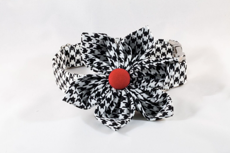 Classic Red Black And White Houndstooth Girl Dog Flower Bow Tie Collar