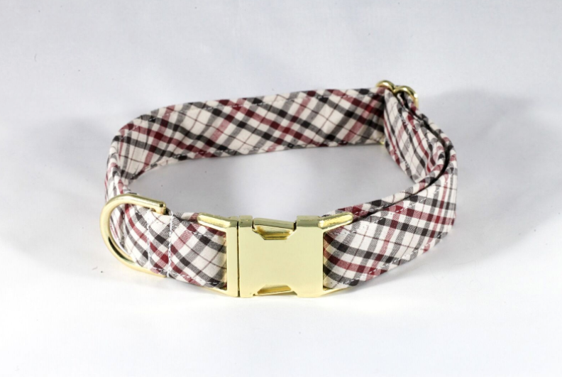 The Dapper Gent Classic Plaid Dog Collar, Tan And Maroon