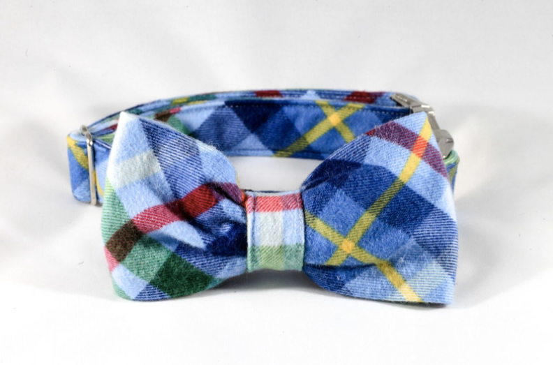 Classic Blue And Green Flannel Plaid Dog Bow Tie Collar