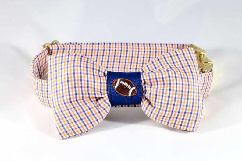 Preppy Navy And Orange Gingham Auburn Tigers Football Dog Bow Tie Collar