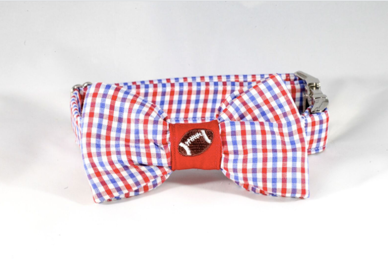 Preppy Red White And Blue Gingham Ole Miss Rebels Football Dog Bow Tie Collar