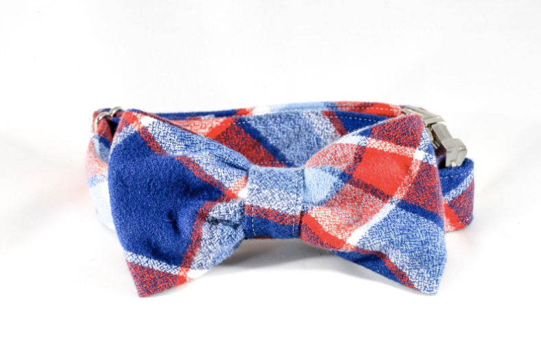 Red White And Blue Americana Plaid Flannel Patriotic Pup Bow Tie Dog Collar