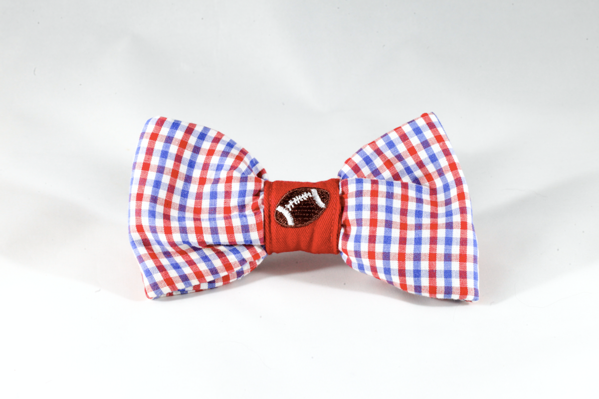 Preppy Red White And Blue Gingham Ole Miss Rebels Football Dog Bow Tie