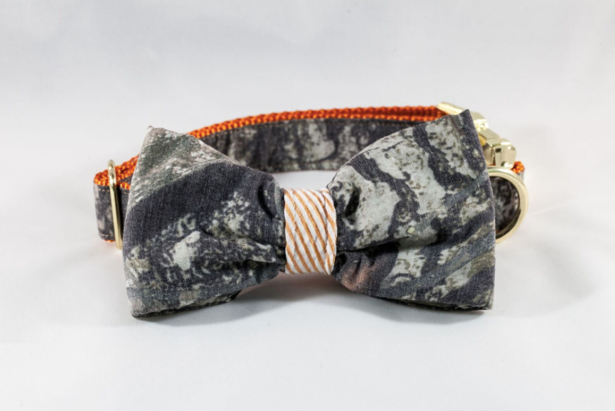 Preppy Sporting Pup Camo And Orange Seersucker Bow Tie Dog Collar