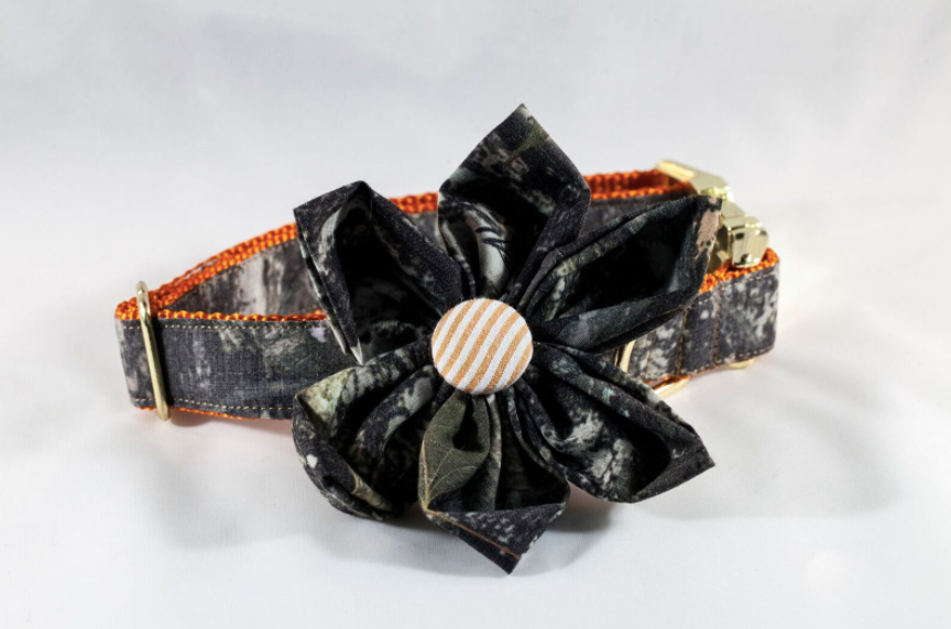 The Sporting Pup Camo And Orange Seersucker Girl Dog Flower Bow Tie Collar