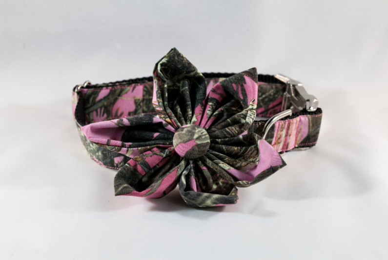 The Sporting Pup Pink Camo Girl Dog Flower Bow Tie Collar–Black