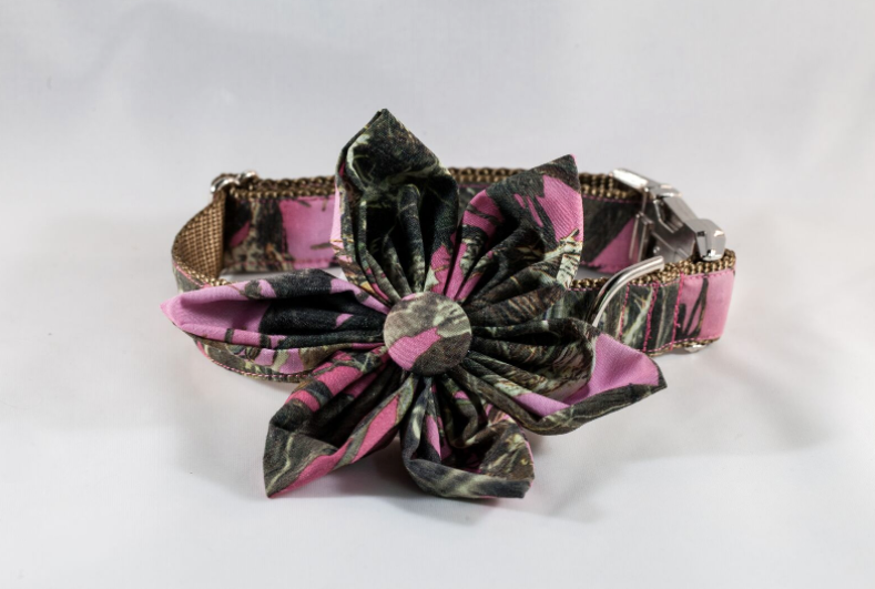 The Sporting Pup Pink Camo Girl Dog Flower Bow Tie Collar–Brown