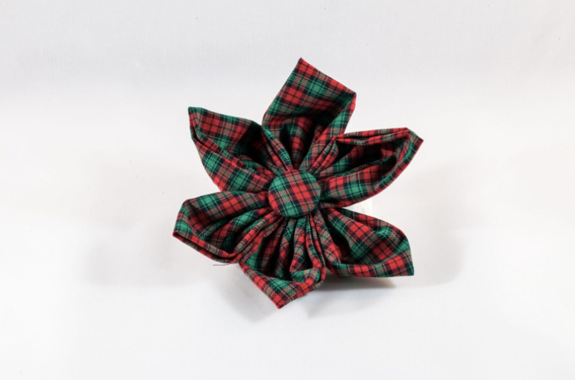 Classic Red And Green Christmas Plaid Girl Dog Flower Bow Tie Collar