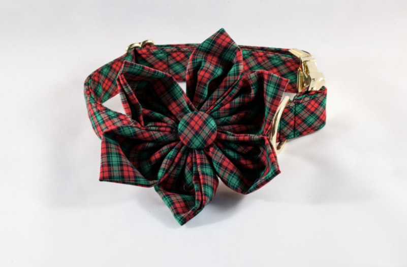 Classic Red And Green Christmas Plaid Girl Dog Flower Bow Tie Collar