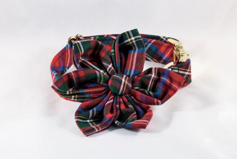 Red Scottish Tartan Plaid Girl Dog Flower Bow Tie Collar