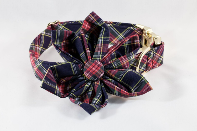 Classic Black And Red Tartan Plaid Girl Dog Flower Bow Tie Collar