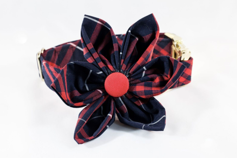 Navy And Red Old South Plaid Girl Dog Flower Bow Tie Collar