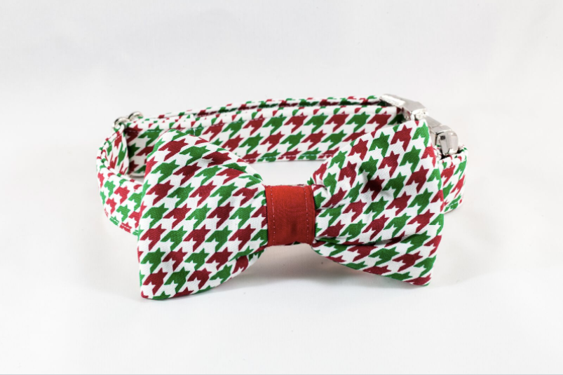 Green And Red Christmas Houndstooth Dog Bow Tie Collar