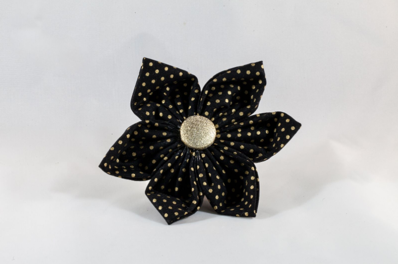 Black And Gold Polka Dot Girl Dog Flower Bow Tie Collar