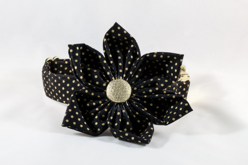 Black And Gold Polka Dot Girl Dog Flower Bow Tie Collar