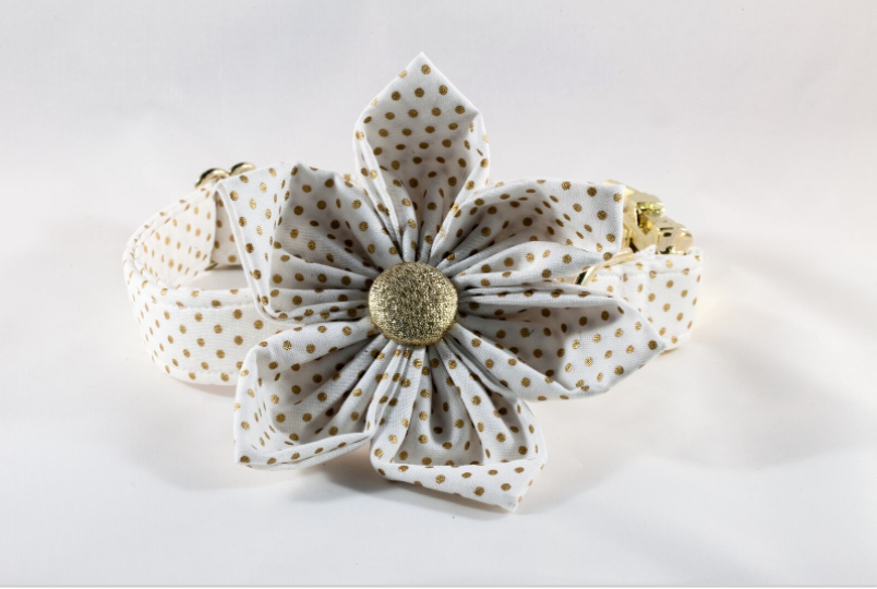 White And Gold Polka Dot Girl Dog Flower Bow Tie Collar