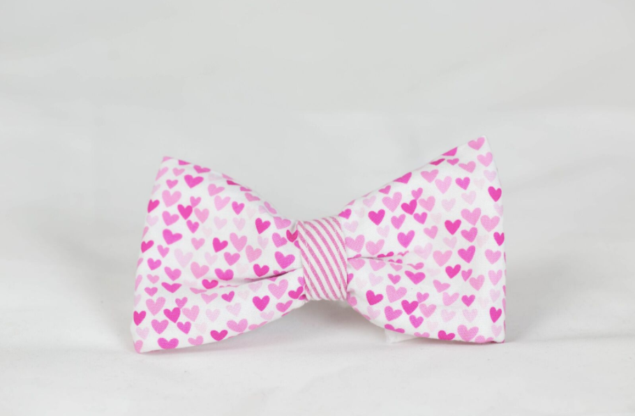 Preppy Pink Hearts And Seersucker Valentine’s Day Dog Bow Tie