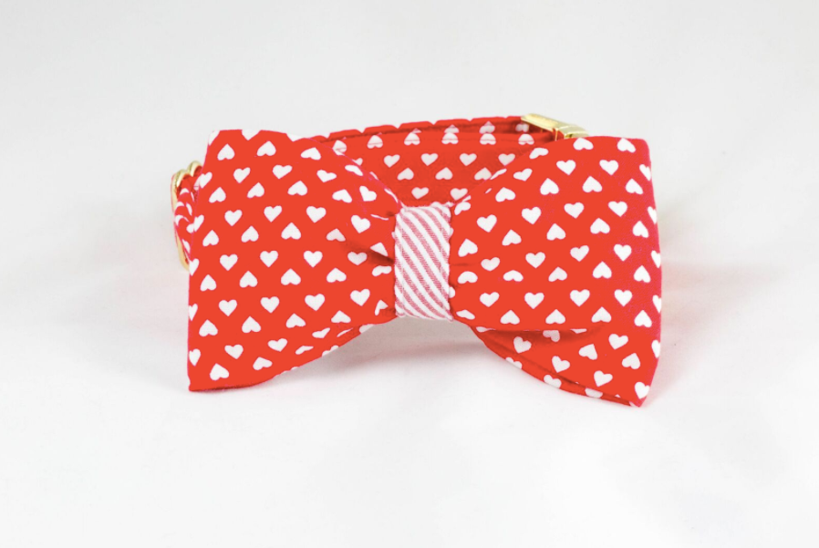 Be My Valentine Red Hearts And Seersucker Dog Bow Tie Collar