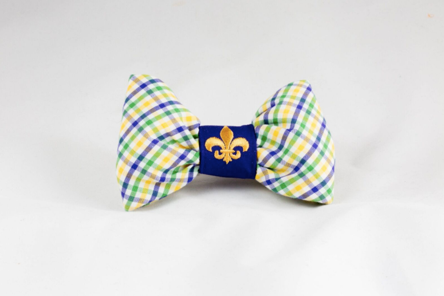 Mardi Gras Gingham Dog Bow Tie With Fleur De Lis