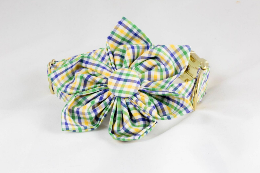 Preppy Mardi Gras Gingham Girl Dog Flower Bow Tie Collar