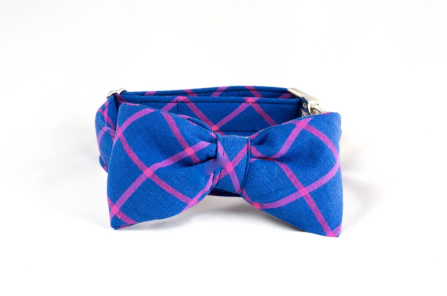 Limited Edition Preppy Blue And Magenta Plaid Dog Bow Tie Collar