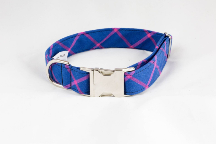 Limited Edition Preppy Blue And Magenta Plaid Dog Collar