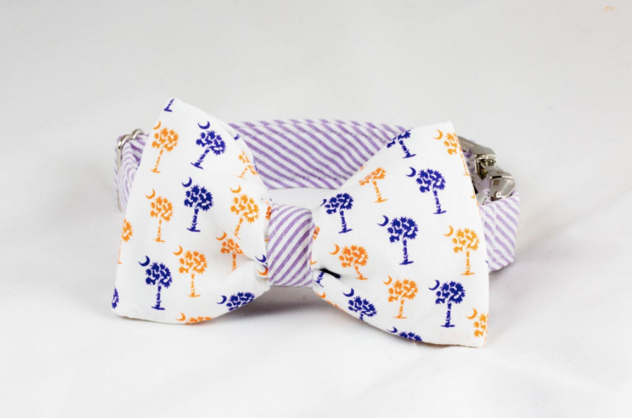 Purple And Orange Clemson Tigers Palmetto Palm Tree Seersucker Game Day Dog Bow Tie Collar