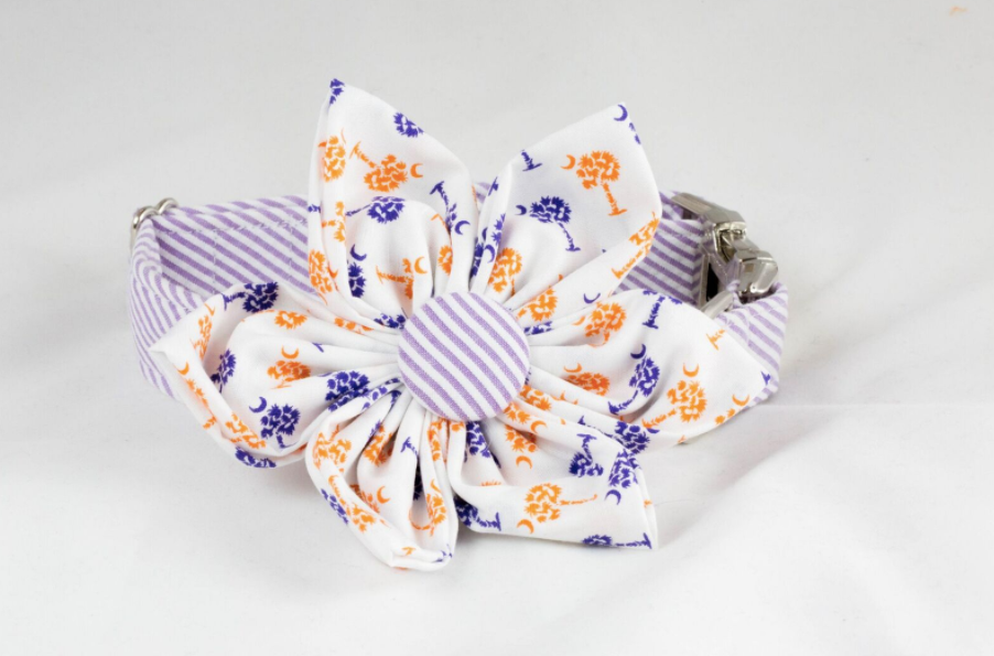 Purple And Orange Clemson Tigers Palmetto Palm Tree Seersucker Game Day Girl Dog Flower Bow Tie Collar