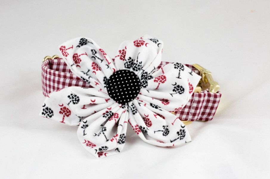 Gamecocks Garnet And Black Gingham Palmetto Palm Tree Game Day Girl Dog Flower Bow Tie Collar