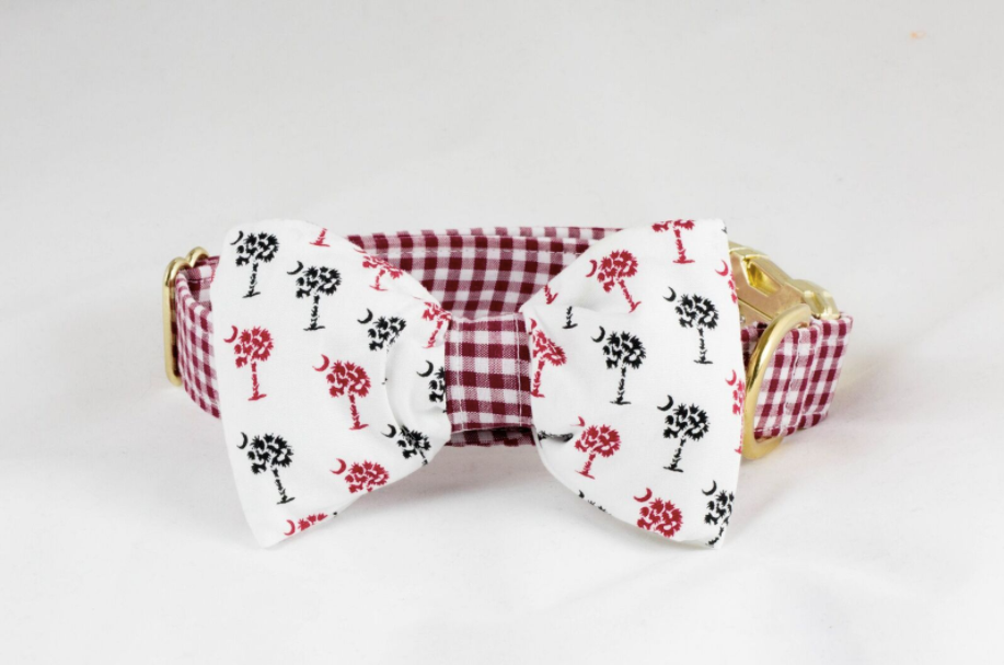 Gamecocks Garnet And Black Gingham Palmetto Palm Tree Game Day Dog Bow Tie Collar