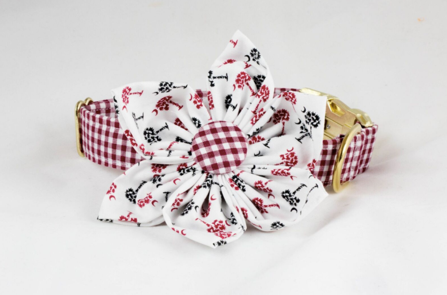 Gamecocks Garnet And Black Gingham Palmetto Palm Tree Game Day Girl Dog Flower Bow Tie Collar