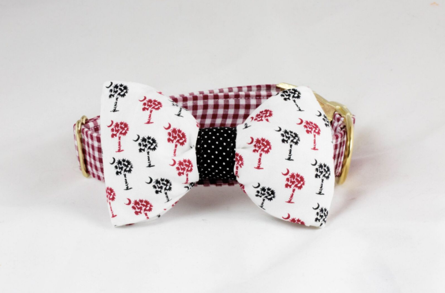 Gamecocks Garnet And Black Gingham Palmetto Palm Tree Game Day Dog Bow Tie Collar