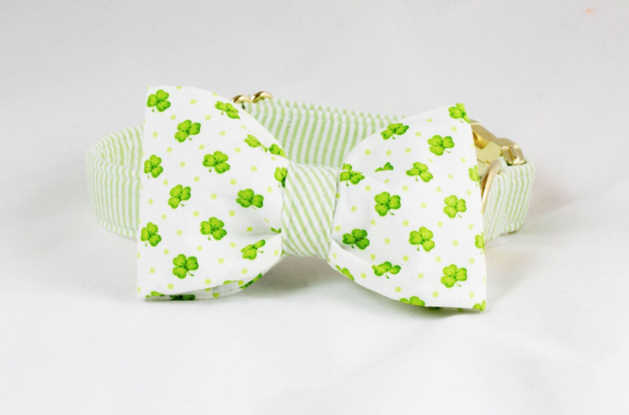 Luck Of The Irish St. Patrick’s Day Green Seersucker Clover Bow Tie Dog Collar