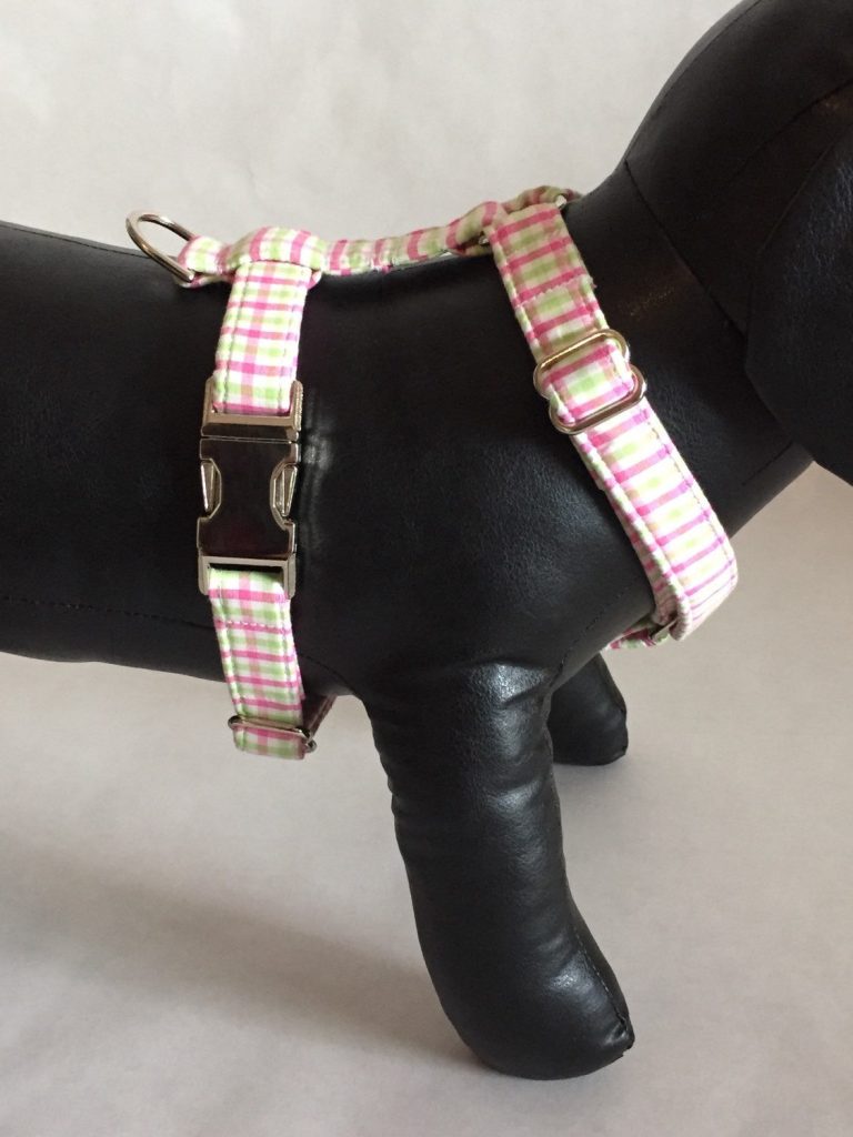 Preppy Pink And Green Gingham Dog Harness