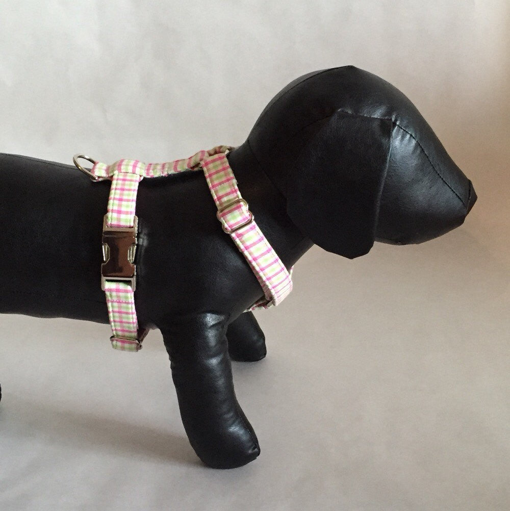 Preppy Pink And Green Gingham Dog Harness