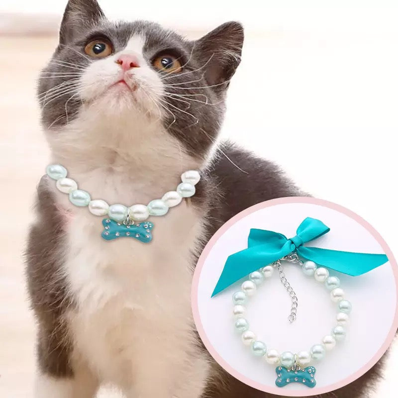 Artificial Pearl Bowknot Dog Cat Necklace