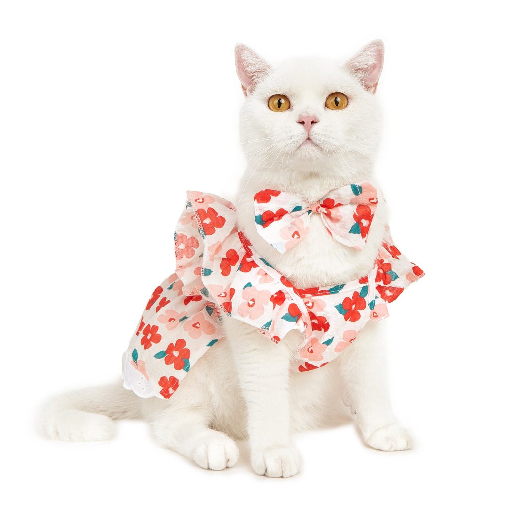 Red Flowered Dog Cat Dress With Bow