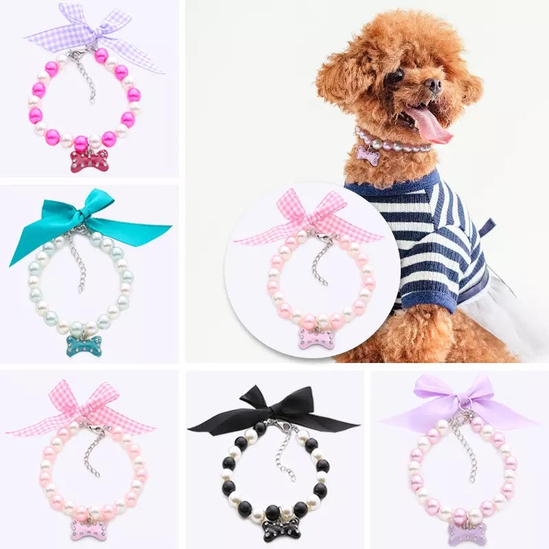 Artificial Pearl Bowknot Dog Cat Necklace