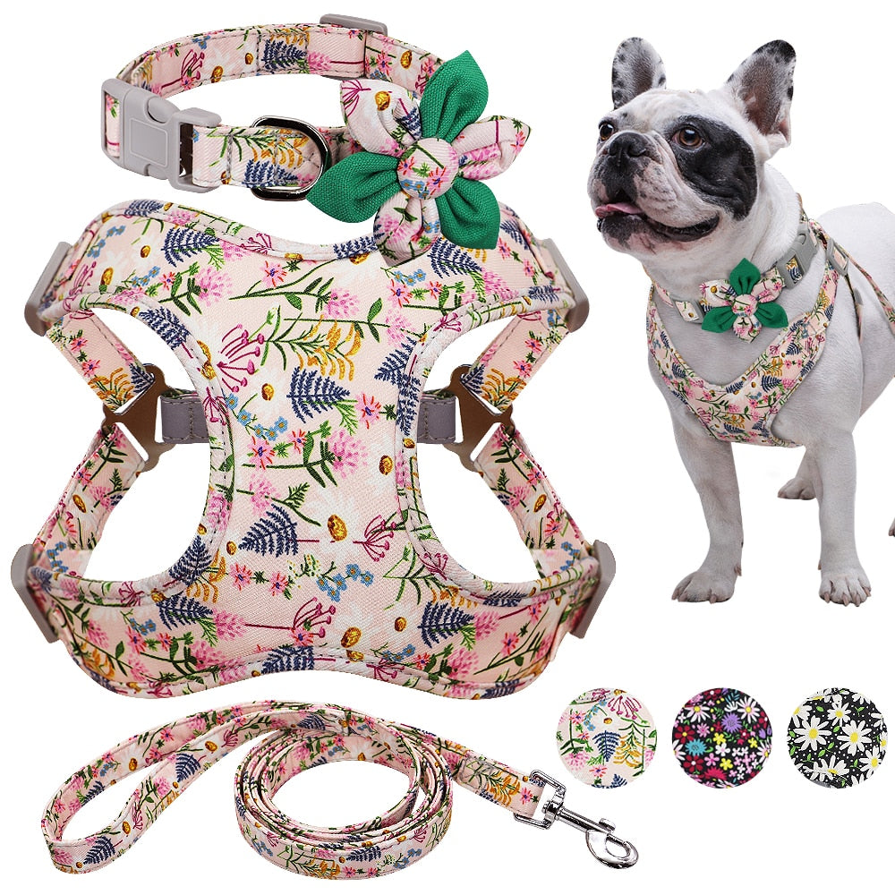 Flower Printed Dog Collar Harness Leash Set