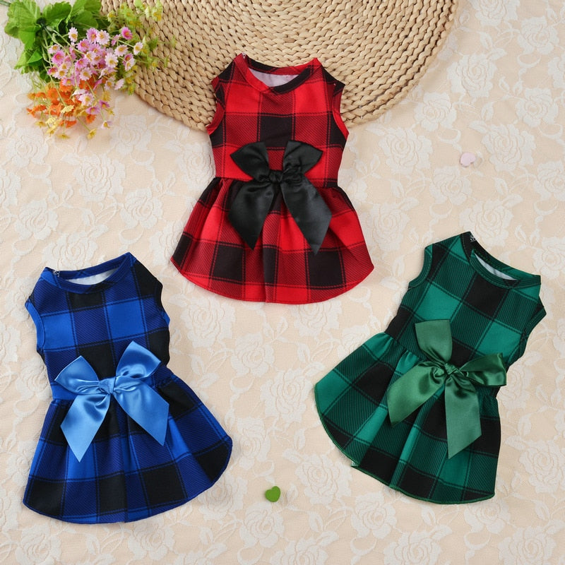 Plaid Print Bow Dog Cat Dresses